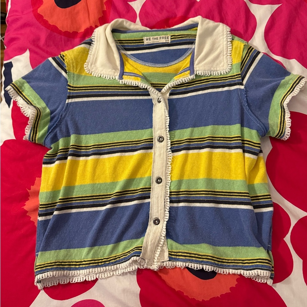 We The Free Blue, Yellow & Green Striped Short Sleeve Button-Up Top